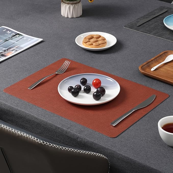 Myir JUN Dual Sided Faux Leather Placemats Set of 8 for Indoor Outdoor Dining Tables, Square Non-Slip Washable Wipeable Table Mats (Gray Terracotta, Set of 8)