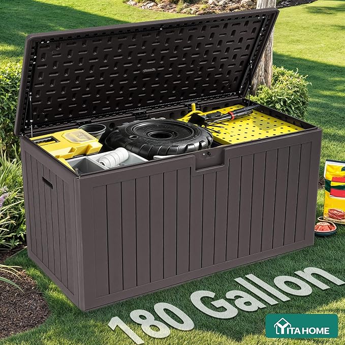 YITAHOME 200 Gallon Extra Large Deck Box, Double-Wall Resin Outdoor Storage Box with Flexible Divider for Patio Cushions Pool Supplies Garden Tools, 990 lbs Load Capacity, Lockable (Brown)