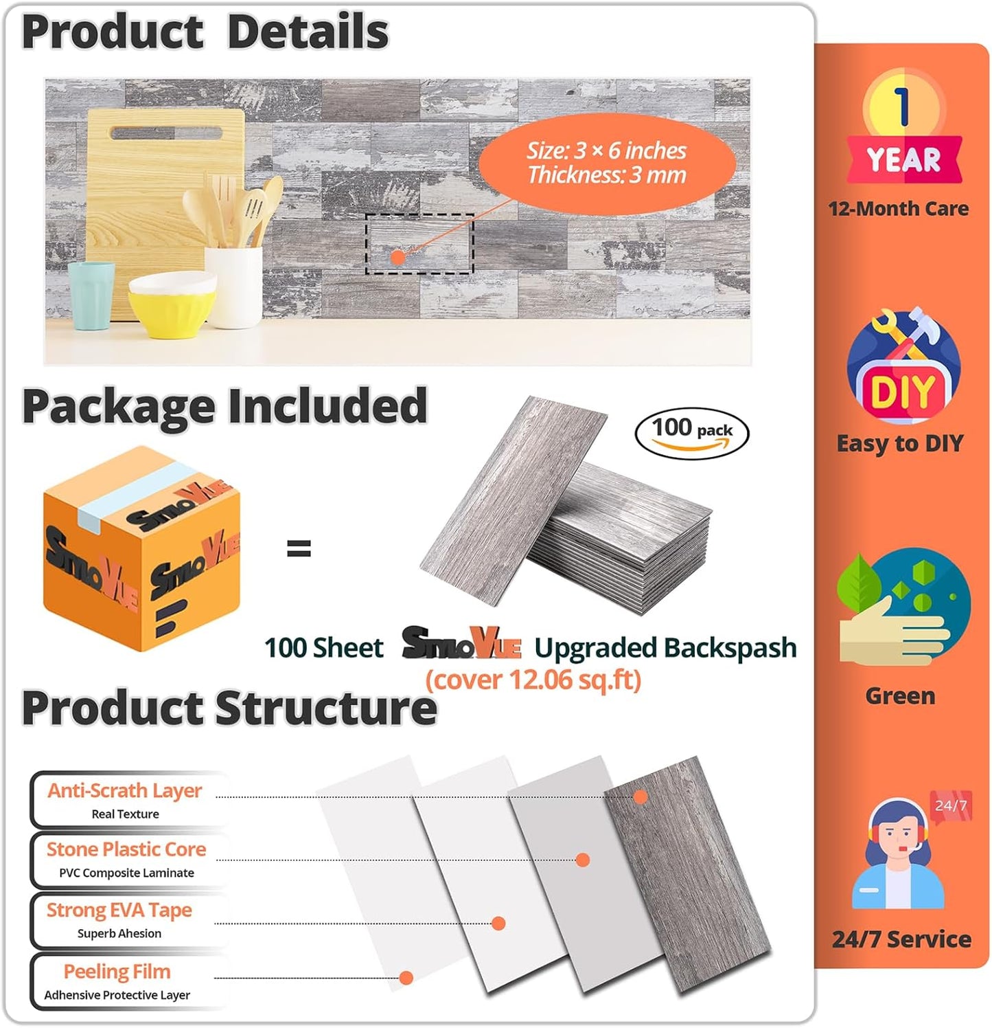 4 Pieces Peel and Stick Backsplash for Kitchen, 3" x 6" PVC Subway Tile Upgraded Distressed Wood Backsplash Stick on Tile Elevate Kitchen, Bathroom, Fireplace,RV