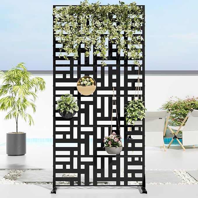 Casaphoria 72" H x 35" W Metal Privacy Screen, Outdoor Freestanding Decorative Divider for Patio, Deck, Balcony, and Garden with Stable Base, Black-Helen