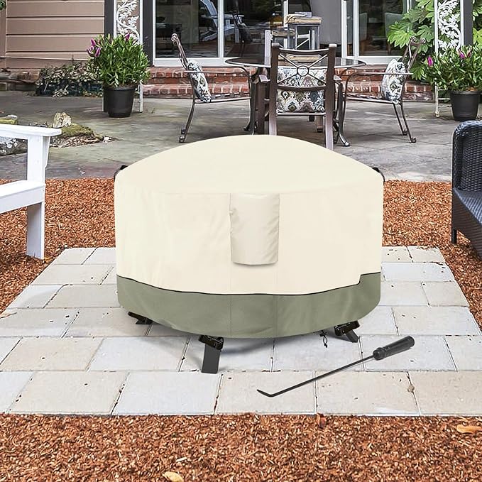 Fire Pit Cover,Outdoor Heavy Duty 600D 100% Waterproof Fire Pit Cover Round,Weatherproof Firepit Covers Round 36" Dia x 24" H,Beige