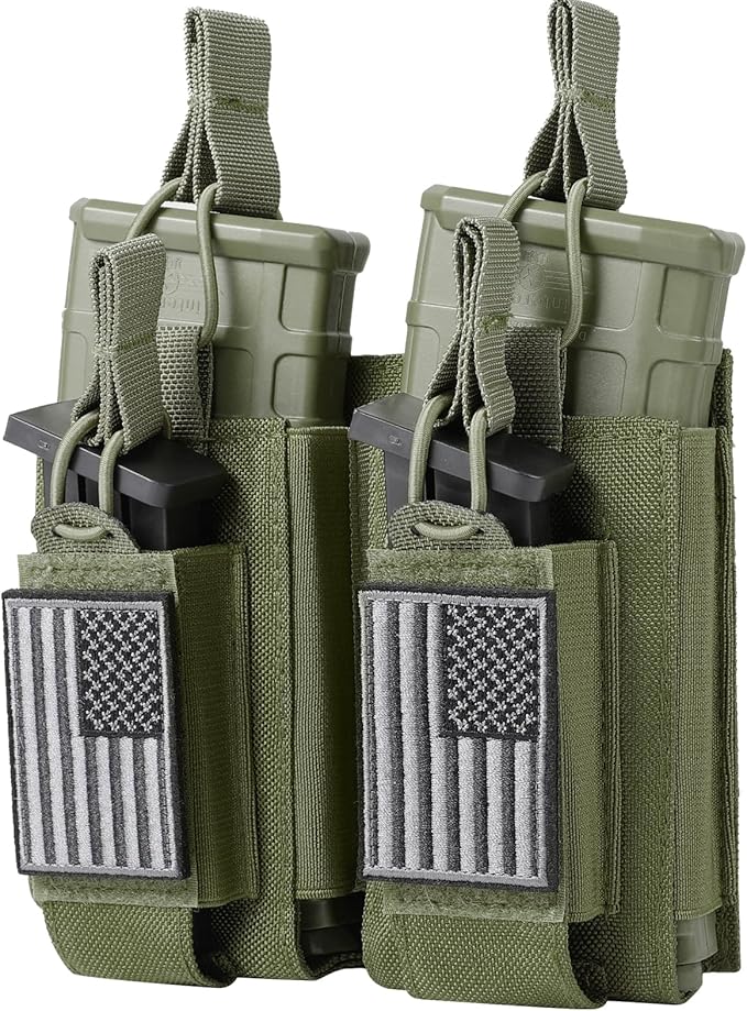 Open-Top Single/Double/Triple Molle Mag Pouch for 5.56mm M4 M16 AK AR Glock M1911 9mm Elastic Rifle Magazines Pistol Mag Pouches Holder Carrier with USA Flag Patch