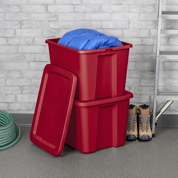 6-Pack 18 Gallon Red Plastic Storage Bins with Lids, Stackable Storage Totes with Secure Snap-On Lid & Textured Handles for Home Organization, Garage, Closet, Basement