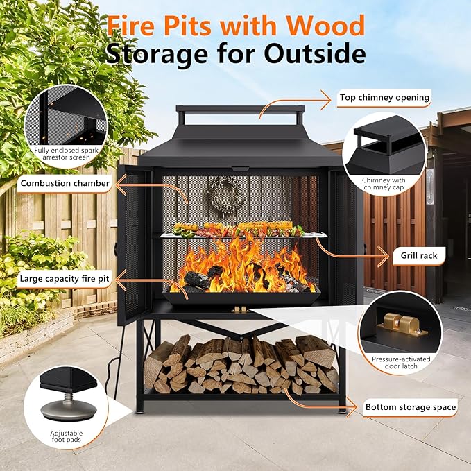 2-in-1 Metal Chiminea Fireplace with Grill,Wood Burning Outdoor Fireplace with Wood Storage, Chimney,Metal Mesh Spark Screen,and Fire Tongs Ideal for Yards,Patios, Gardens,Camping,and Picnics