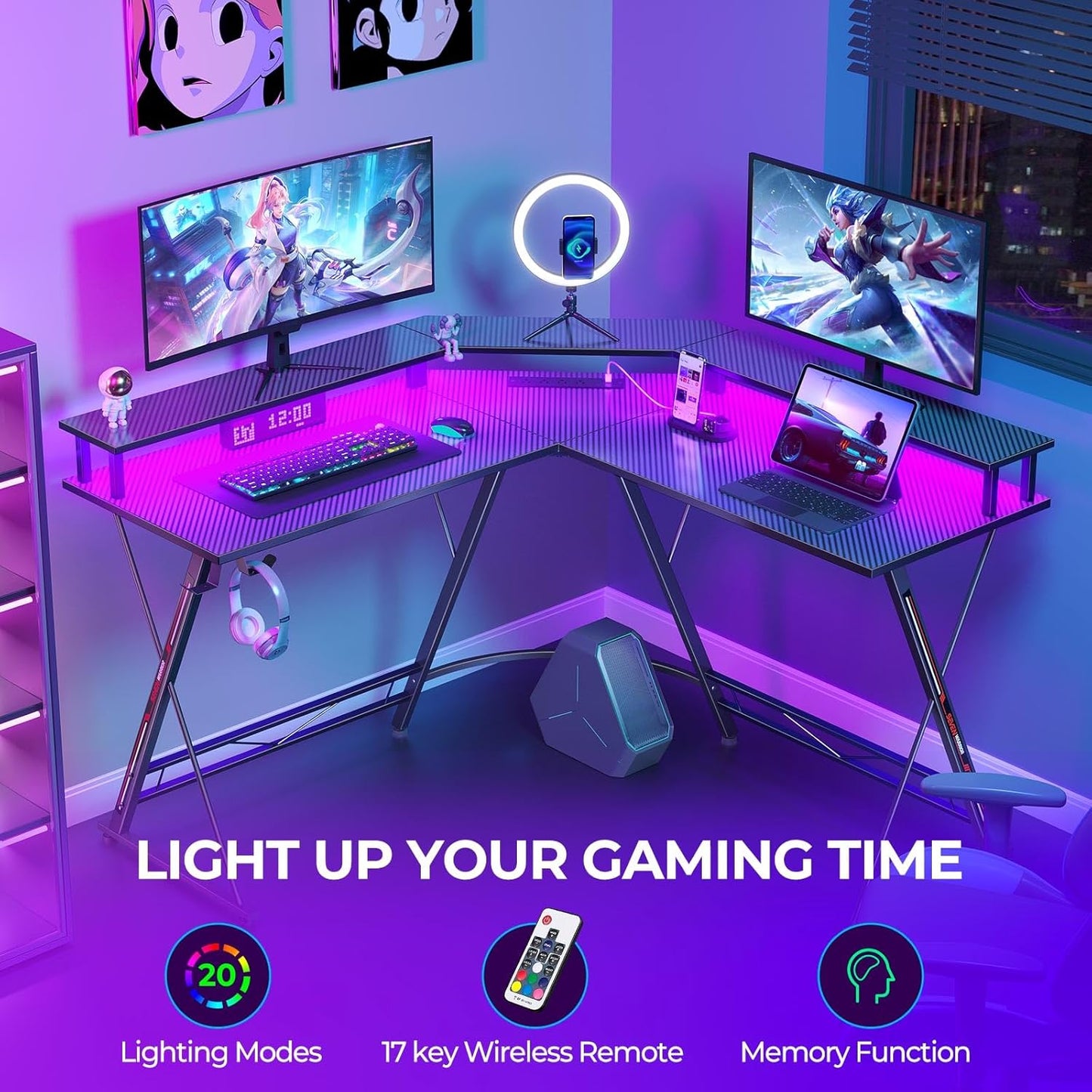 SEVEN WARRIOR L Shaped Gaming Desk with LED Lights & Power Outlets, 50.4” Computer Desk with Monitor Stand, Corner Desk with Carbon Fiber Surface, Gaming Table with Hooks, Black