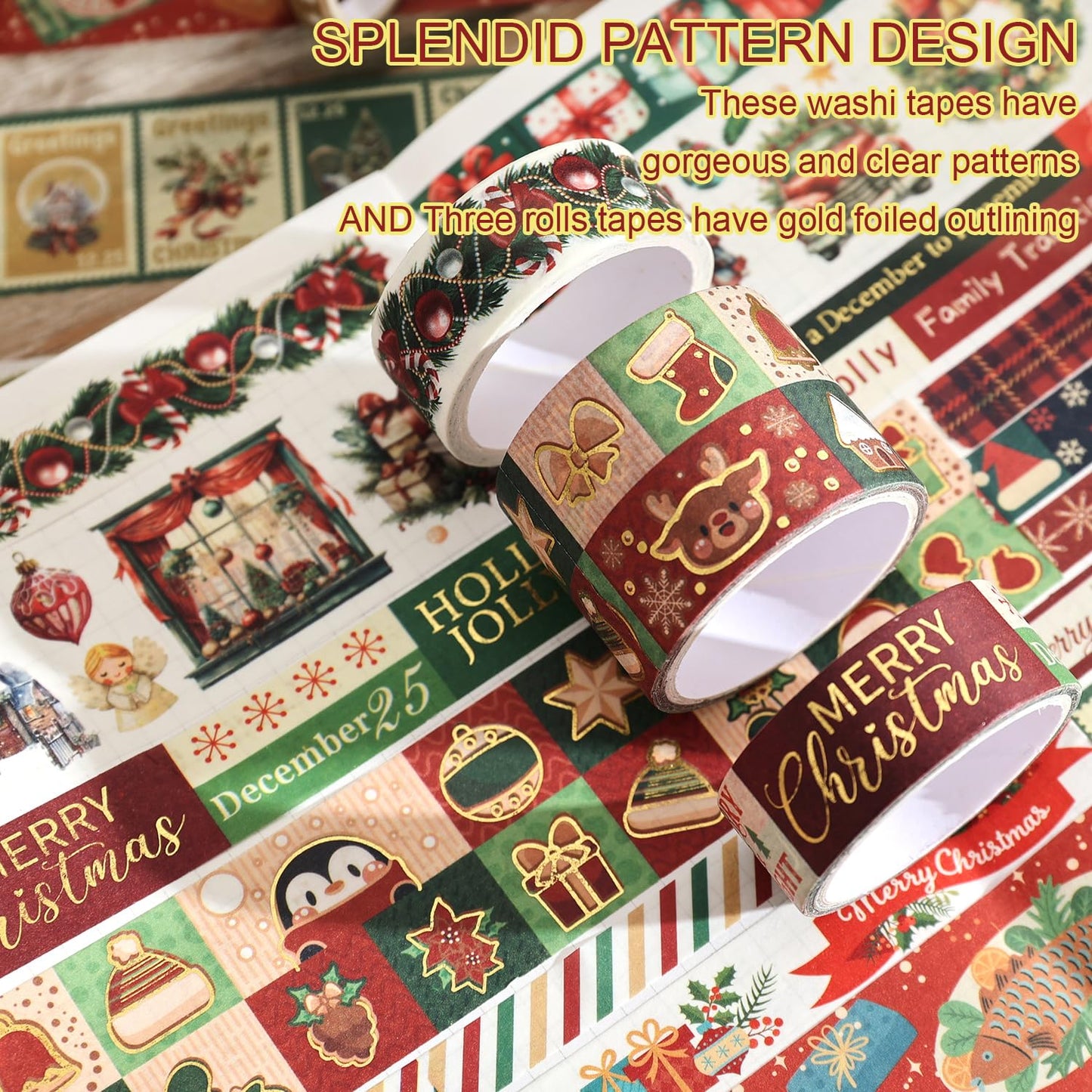 25 Rolls Christmas Gift Washi Tape Set, Festivals New Year Decorative Tapes for Scrapbooking, Junk Journal supplies, DIY Crafts Gift, Party Decorations, Bullet Journaling, 5-50mm Wide 9.84ft long/Roll