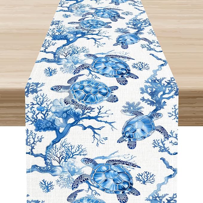 Sea Turtle Table Runner, Summer Coastal Nautical Coral Undersea Tropical Rustic Farmhouse Coffee Table Center Decor for Home Kitchen Dining Patio Holiday Party Table Decorations 13"x108"