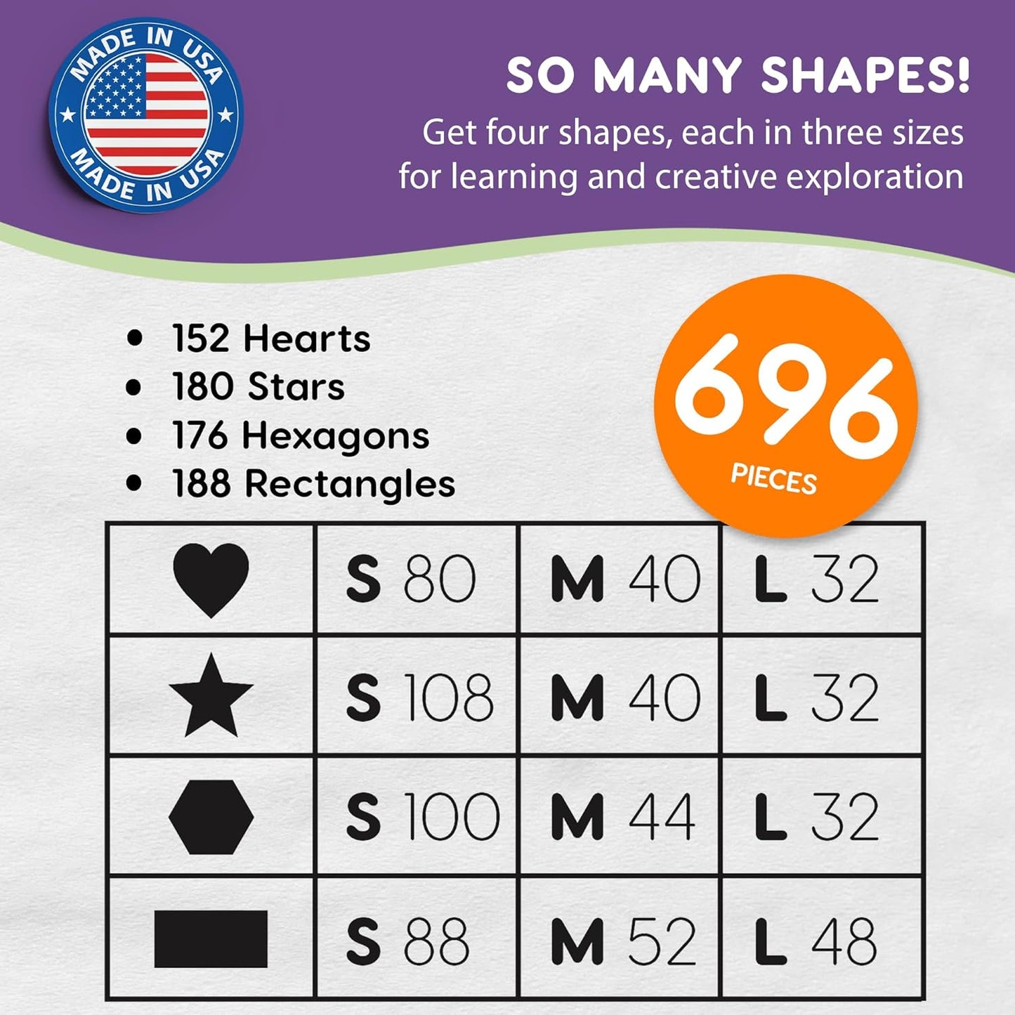 Basic Shapes 2: Hearts, Stars, Hexagons, Rectangles, 696 Pieces US Made Card Stock Punch Out Geometric Shapes in 3 Sizes and 4 NEON Colors for Math, Pattern Play and DIY Crafting