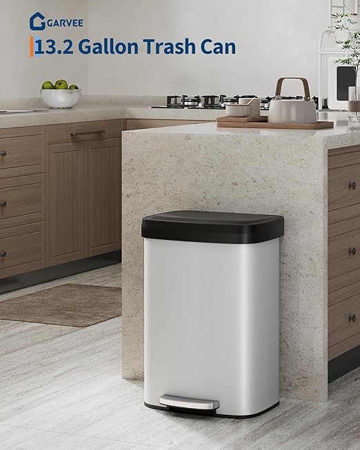 Garvee 13 gal / 50 L Metal Trash Can with Lid, Large Garbage Can for Kitchen, Rustproof Step-on Kitchen Metal Trash Bin with Liner Rim, Rear Handle, Soft Close Plastic Lid, White