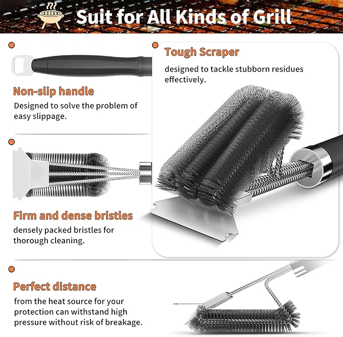 Grill Brush and Scraper-18 Adjustable Handle Safe BBQ Grill Brush for Outdoor Grill-Deep Grill Clearning Brush wih Bottle Operner Extra Strong BBQ Cleaner Accessories for Gas/Charcoal Grilling Grates
