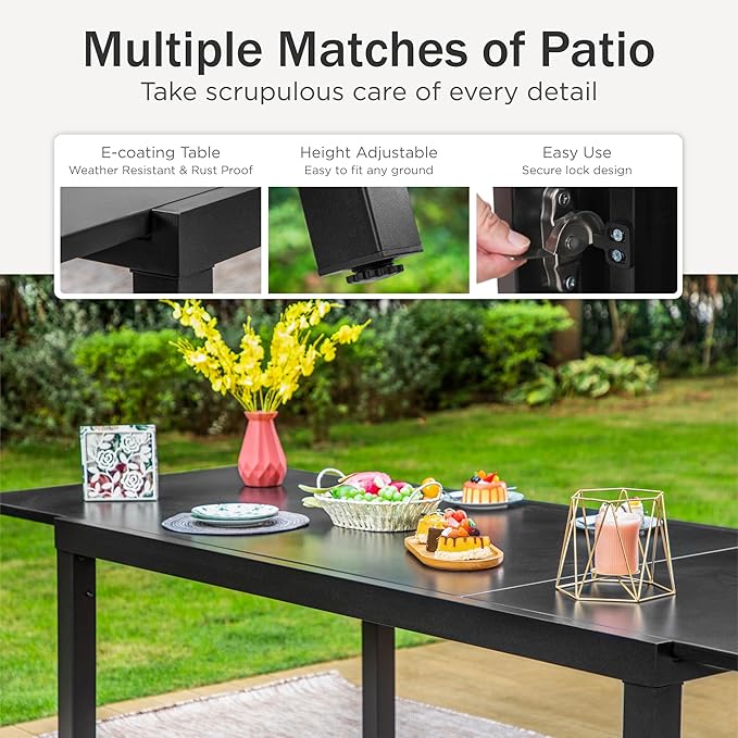 PHI VILLA Extra Large Expandable Patio Dining Table 99.2" × 35.5" Metal Outdoor Table for 6-10 Person, Metal Outdoor Dining Table with E-Coating for Garden Deck Yard- (Black)