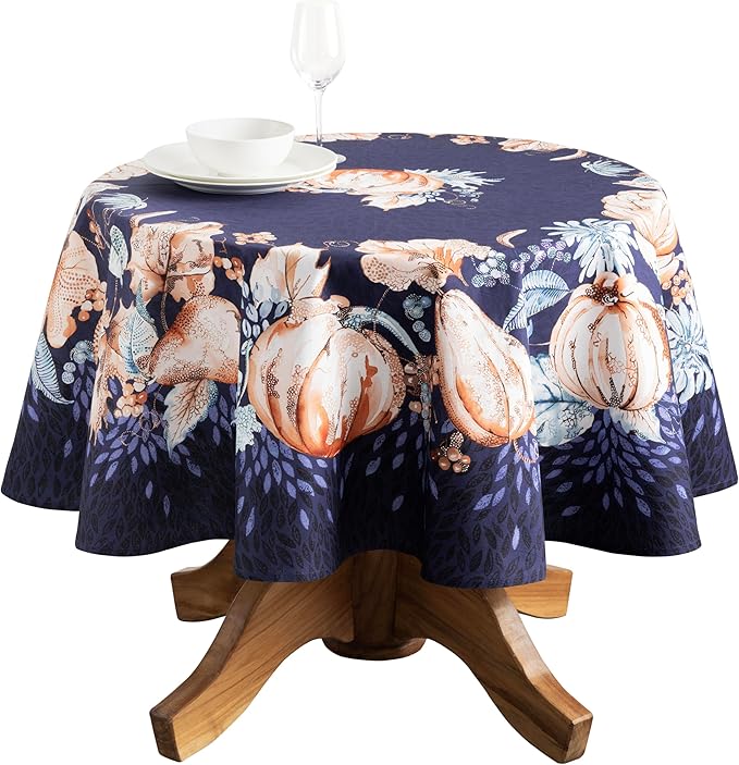 Maison d' Hermine Table Cloth Round Table 100% Cotton 69 Inches Fall Tablecloth Reusable Everyday Use for Thanksgiving Christmas Decorations Dining Farmhouse Party (Pumpkin Blues)