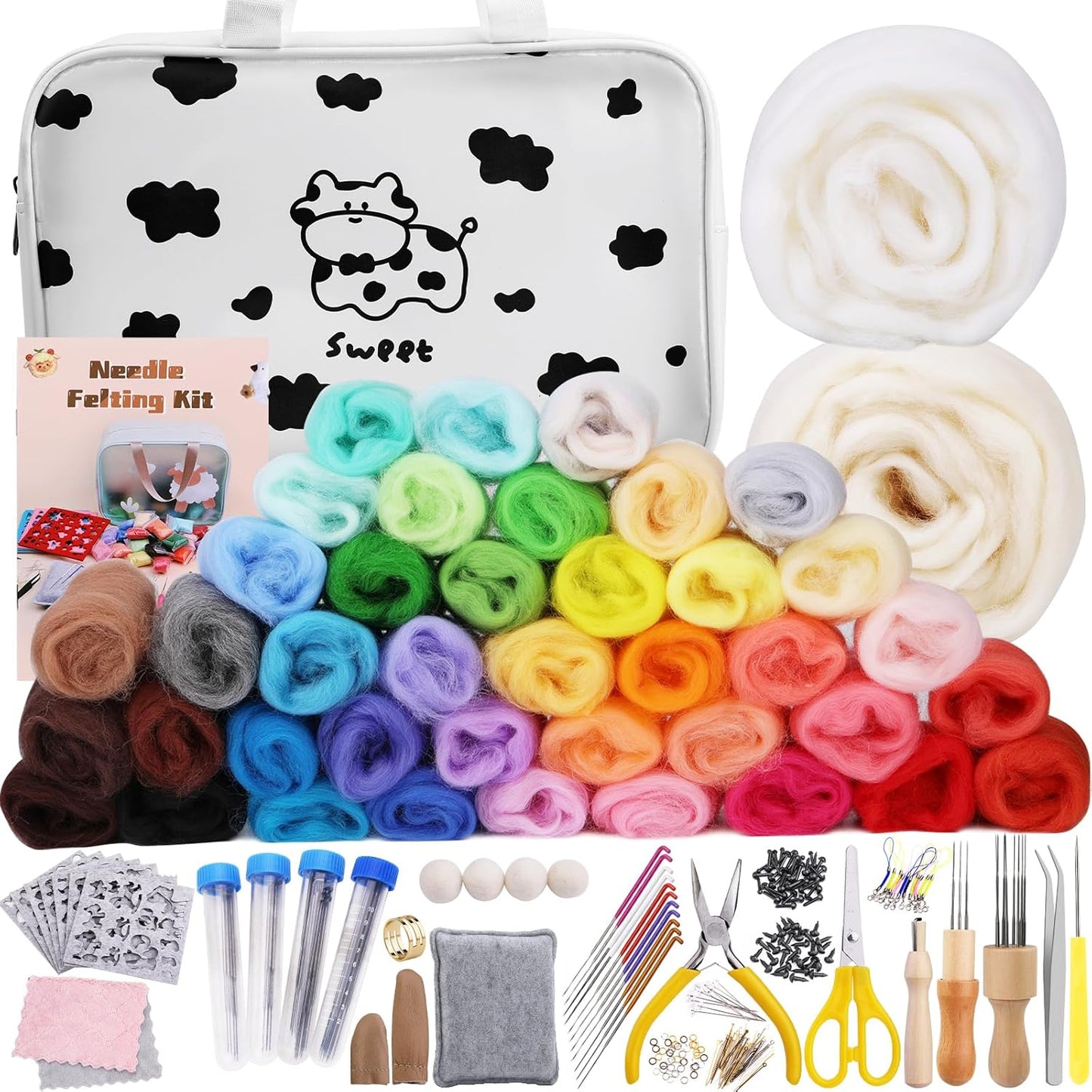 Mayboos Needle Felting Kit, 42 Colors Wool Roving Set, Needle Felting Kit with Felting Tool and Foam Mat Needle Felting Supplies for Home Decoration Felted