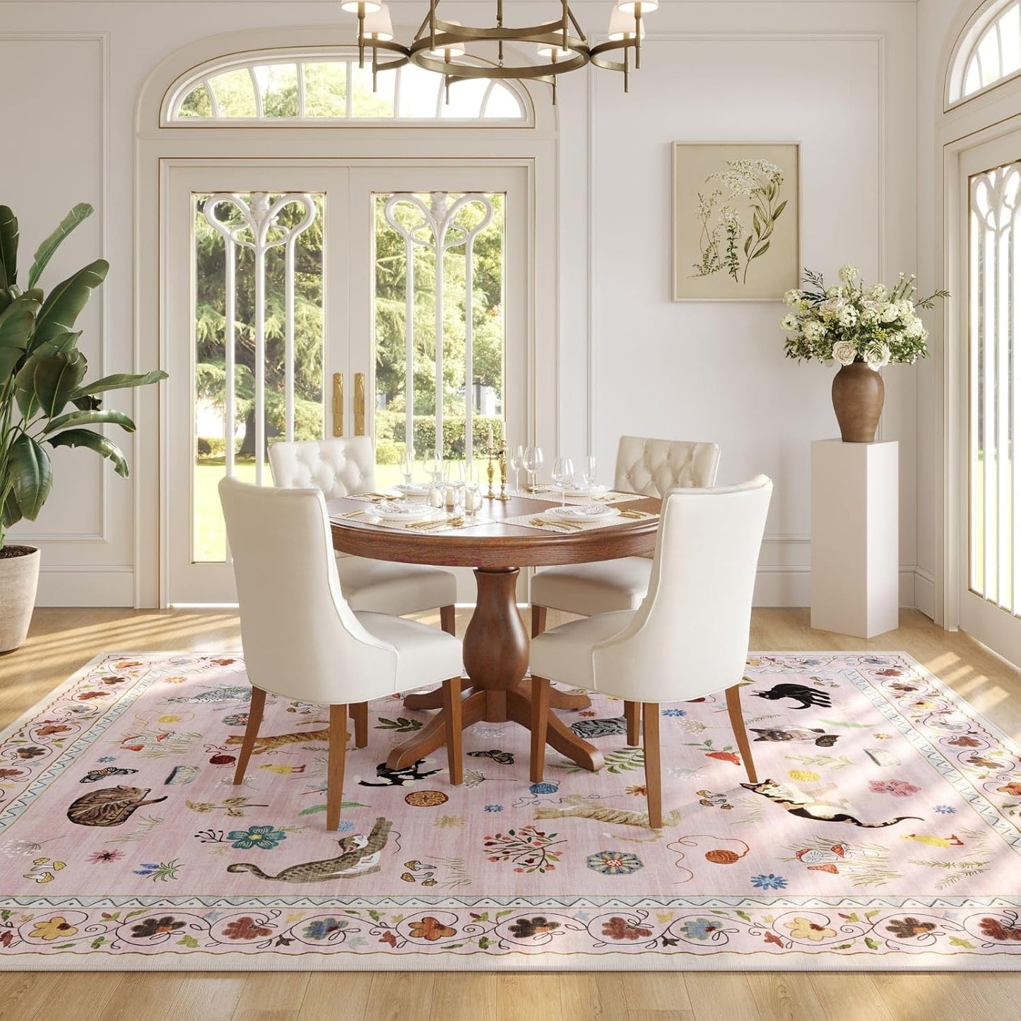 Rugcomf Living Room Rug 5x7 Rug Machine Washable Boho Area Rug Non Slip Floral Animal Cat Vintage Low Pile Large Rugs for Living Room Bedroom Farmhouse Dining Room Kids Playroom, Pink