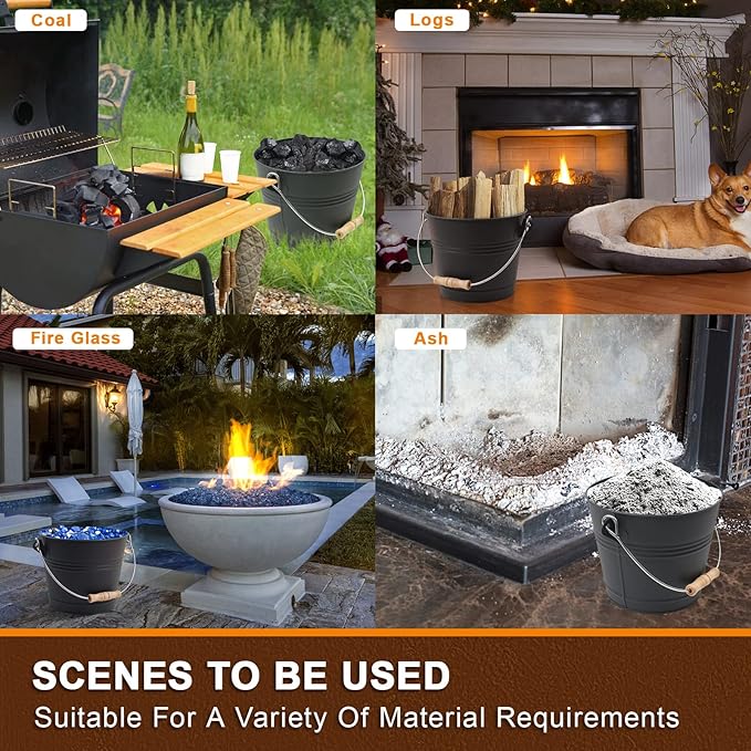 Poofzy Ash Bucket with Lid, Small Fireplace Ash Bucket with Lid and Shovel, 1.3 Gallon Metal Bucket for Fireplace with Hand Broom and Gloves, Fireplace Bucket for Ashes for Wood Stove and Fire Pit