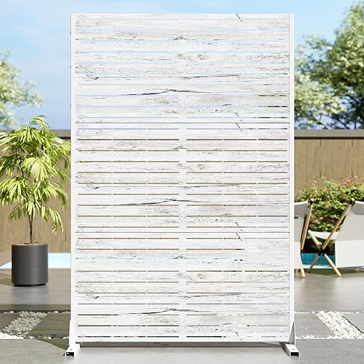 Casaphoria 72" H x 47" W Metal Outdoor Privacy Screen, Freestanding Decorative Divider for Patio, Deck, Balcony, and Garden with Stable Base, White-Veneer