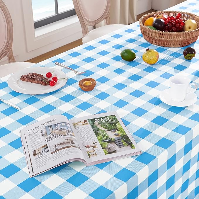 Softalker Gingham Checkered Tablecloth Rectangle - Outdoor Waterproof Buffalo Plaid Table Cloth, Stain Resistant Washable Table Cover for Picnic, Camping, Dining - Blue and White, 54 x 120 Inch