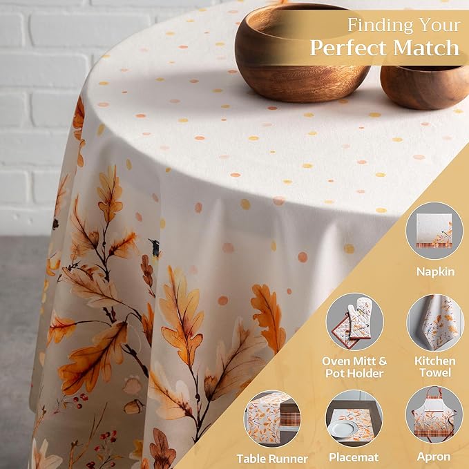 Maison d' Hermine Table Cloth Round Table 100% Cotton 63 Inches Fall Tablecloth Reusable Everyday Use for Thanksgiving Christmas Decorations Dining Farmhouse Party (Oak Leaves)