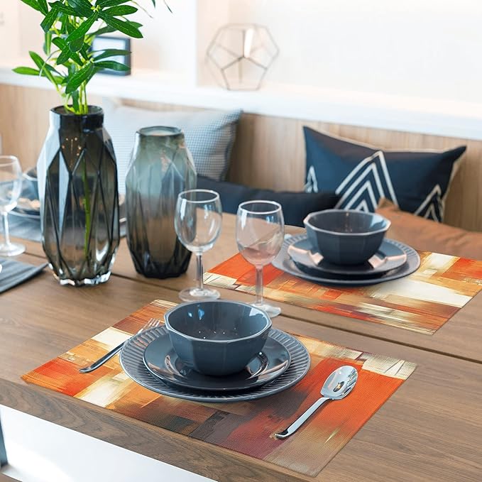 Modern Art Placemats Set of 4 Orange Abstract Painting Place Mats Washable Linen Placemat for Kitchen Dining Table Home Party Decor 18x12 Inches