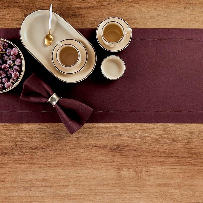 Solino Home Linen Table Runner 36 Inches - 100% Pure Linen Burgundy Hemstitch Table Runner 14 x 36 Inch Ideal for Dresser and Coffee Tables - Winter, Valentines - Classic Hemstitch