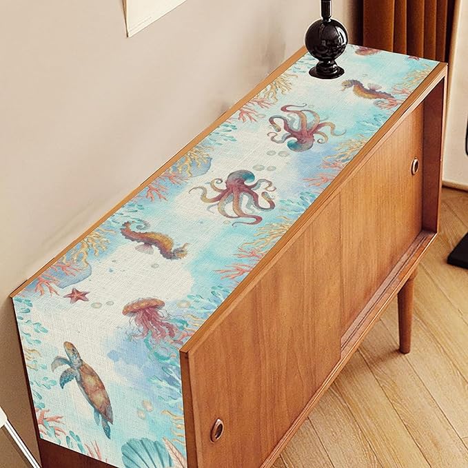 Blue Coastal Table Runner, Nautical Starfish Turtle Seashell Coral Shell Beach Ocean Dining Table Runner for Coffee Table Home Party Decor 13"x36"