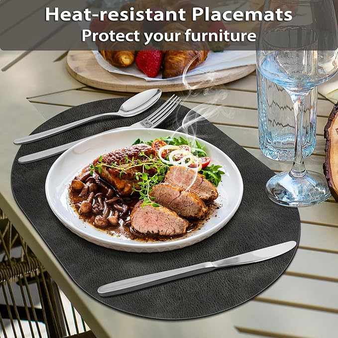 ADRIMER Placemats, Heat Resistant Oval Placemats Set of 4 Washable 12 x 17 Inch, Waterproof Table Mats, Wipeable Pu Place Mats for Kitchen, Dark Grey