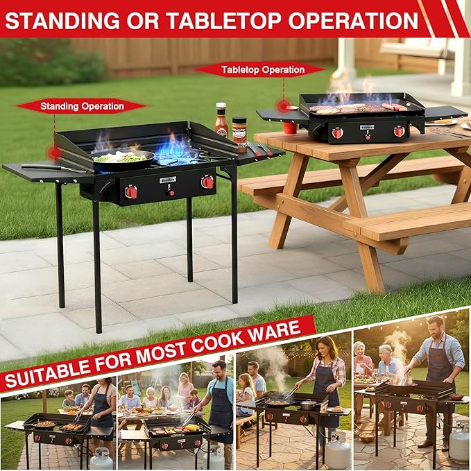 Bestfire 2 Burner Camping Stove with Windpanel& Side Shelves, Bag, Auto Ignition Button,Regulator,150,000 BTU Camping Stove Propane Burner With Removable Legs for Outdoor BBQ&Backyard