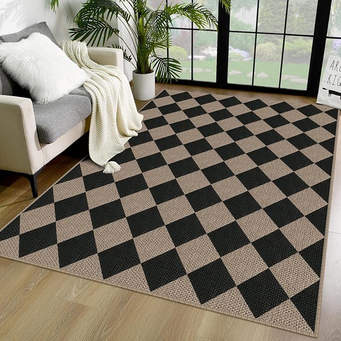 Easy Jute Checkered Area Rug, 4x6 Black Modern Washable Rugs for Living Room Non-Slip Low Pile Entryway Mat, Farmhouse Diamond Indoor Outdoor Carpet for Kitchen Backyard Bedroom Office