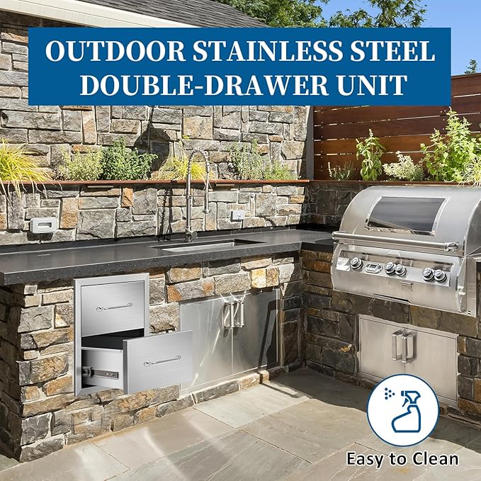 Outdoor Kitchen Drawers 14"Wx15"Hx23"D Flush Mount Access 2-Drawer BBQ Stainless Steel Drawers with Handle for Outdoor Kitchen Island or Grill Station
