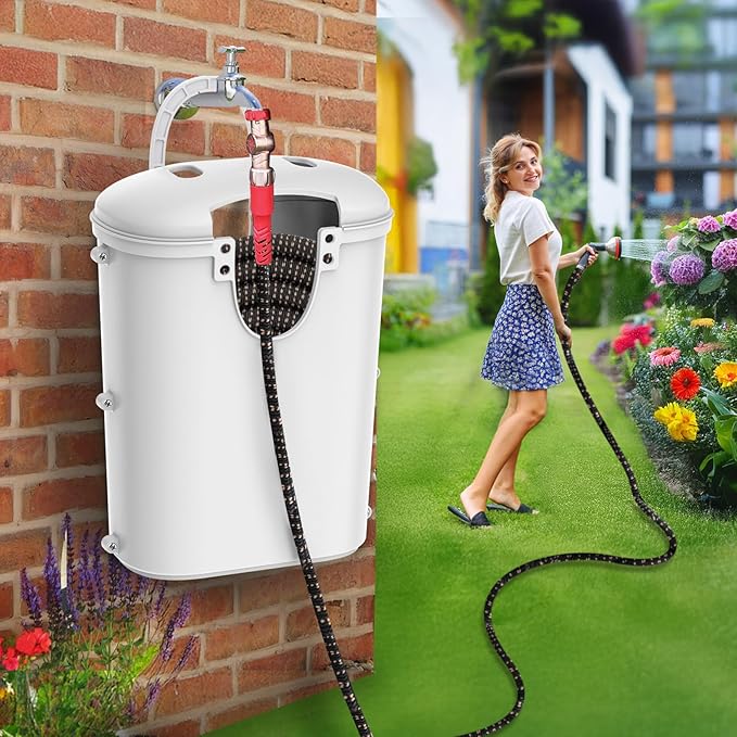 Riokko Garden Hose Holder Bucket, Hose Storage, Water Hose Storage for Outside, Hose Box Fits 25FT Heavy Duty/100FT Expandable/50FT Flat/50FT Stainless Steel Hoses, Hanging Handle & Drain Hole Design