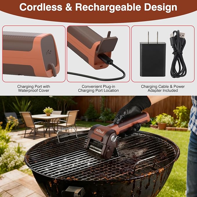 Electric Grill Brush, Cordless Rechargeable Grill Cleaner with LED Light - 950 RPM Spinning 304 Stainless Steel Head, Dishwasher-Safe BBQ Tool for Outdoor Grills