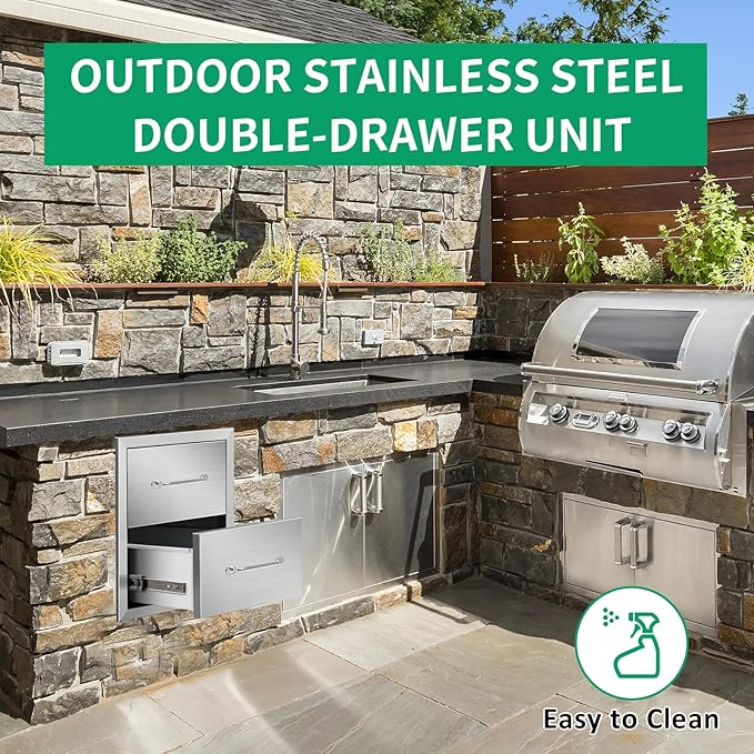 Outdoor Kitchen Drawers 14" W x 15" H x 23" D Stainless Steel Double Drawers with Ergonomic Handle for BBQ Island, Patio Grill Station & Outdoor Kitchen Cabinets