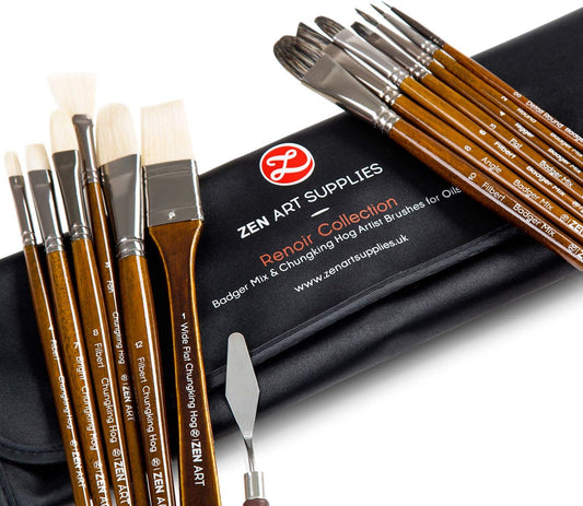 ZenART Oil & Acrylic Paint Brushes – 14pc Professional Set of Chungking Hog, & Badger/Japanese Synthetic Bristles incl Filbert, Flat, Rigger & more – Travel Pouch, Long Birchwood Handles, No Shedding