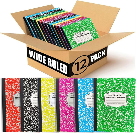 PARTH iMPEX 12 Pack Bulk Composition Notebooks Wide Ruled, 200 Pages (100 Sheets), 9-3/4 x 7-1/2, Hard Cover Wide Ruled Notebooks in 6 Assorted Colors, Composition Notebook For School College Office