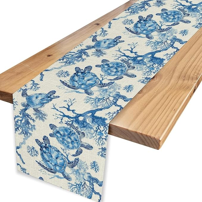 Sea Turtle Table Runner, Summer Coastal Nautical Coral Undersea Tropical Rustic Farmhouse Coffee Table Center Decor for Home Kitchen Dining Patio Holiday Party Table Decorations 13"x108"