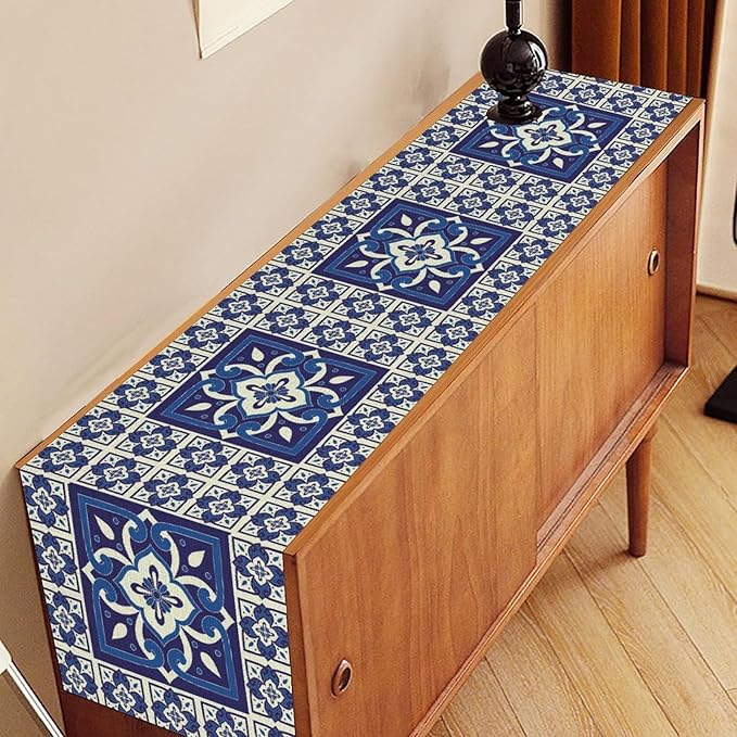 Mexican Table Runner, Blue Floral Birds Mexico Talavera Tiles Ceramic Dia De Los Muertos Coffee Table Center Decor for Family Kitchen and Dining Farmhouse Indoor Outdoor Table Decorations, 13"x108"