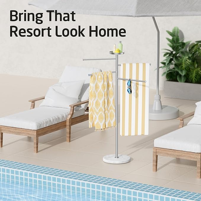KES Hot Tub Towel Rack Outdoor with 1.5X Heavier Natural Marble Weighted Base, Pool Towel Rack with 360° Adjustable Arms & Storage Tray, 18/8 Stainless Steel, Brushed Steel, OTR203-2