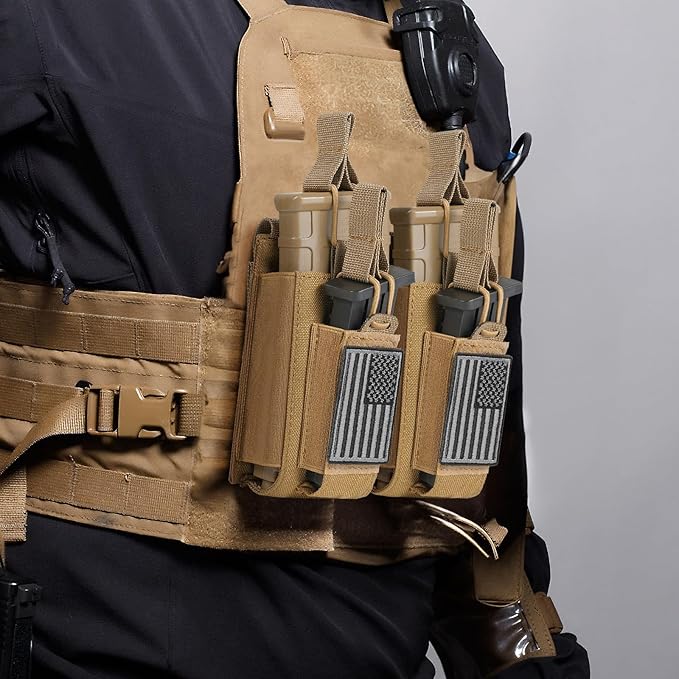 Open-Top Single/Double/Triple Molle Mag Pouch for 5.56mm M4 M16 AK AR Glock M1911 9mm Elastic Rifle Magazines Pistol Mag Pouches Holder Carrier with USA Flag Patch