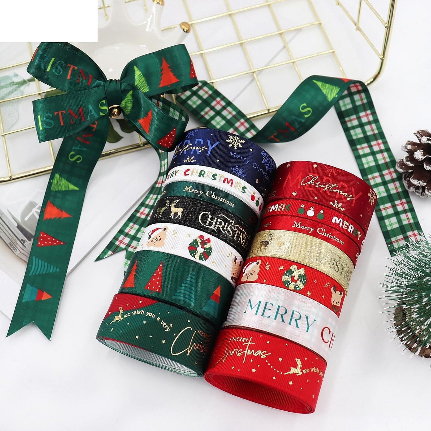 Christmas Gift Wrapping Ribbon, Red, Green, 2 Rolls Printed Grosgrain Ribbons for Crafts, Floral Bouquets, Sewing, Party and Festive Holiday Decor (2 Rolls(Color Blocking/Red), 1 Rolls=1in * 5Yards)