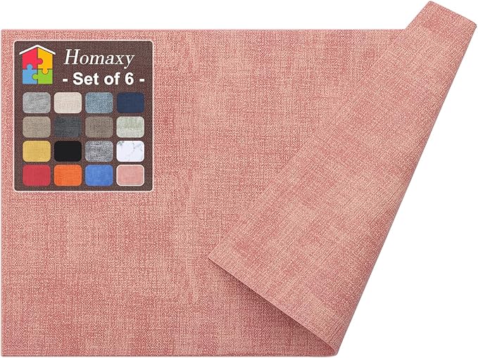 Homaxy Faux Leather Heat Resistant Placemats for Dining Table Set of 6, Waterproof Wipeable Washable PU Table Mats, Easy to Clean Anti-Slip Place Mats, 11.8" x 17", Pink