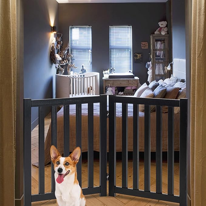 LZRS 2-Panel Wooden Free Standing Foldable Dog Gate Indoor – Solid Hardwood 24" High, Step-Over Safety Pet Gate for Doorways, Stairs & Small Spaces - Indoor Use, Black