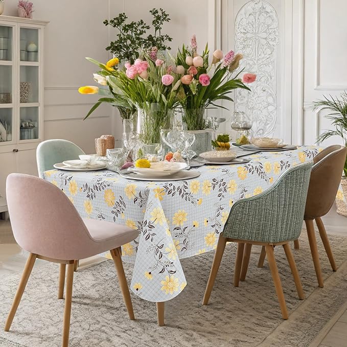 misaya Rectangle Waterproof Vinyl Table Cloth, Wipeable Tablecloth with Flannel Backing, Plastic Table Cover for Dinner, Picnic, Indoor and Outdoor (Yellow Flowers, 60" x 120")