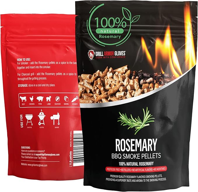 Grill Armor 100% All-Natural Rosemary Pellets for Smokers, Charcoal, Gas Grills, Smoking Gun, Mix with Other Wood Pellets – BBQ, Bake, Roast, Grill, 1lb Bag Lasts 25-30 Hours