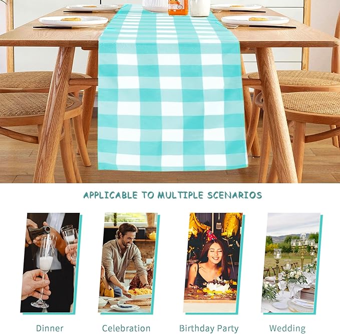 Fabric Checkered Table Runner 6 Pack Waterproof Gingham Table Runner 14W x 108L Buffalo Check Table Runners for Parties Kitchen Dining Wedding Banquet (Aqua and White)