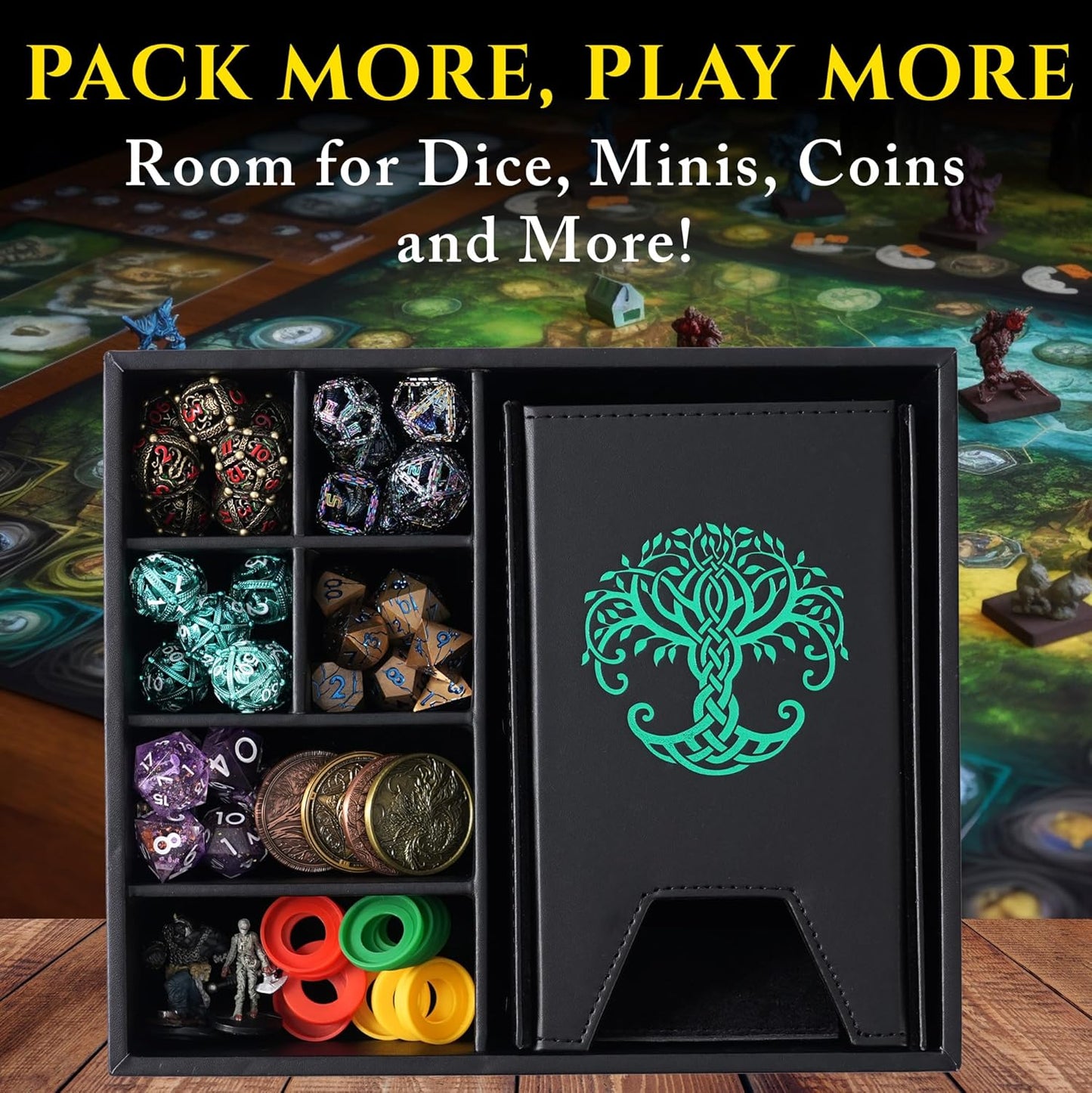 Dice Tray and Dice Tower for DND and RPG - All-in-One Game Roamer Tray & Large Tower for Random Rolls - Stores Your Sets, Mini's and More Compatible with D&D (Green Tree)