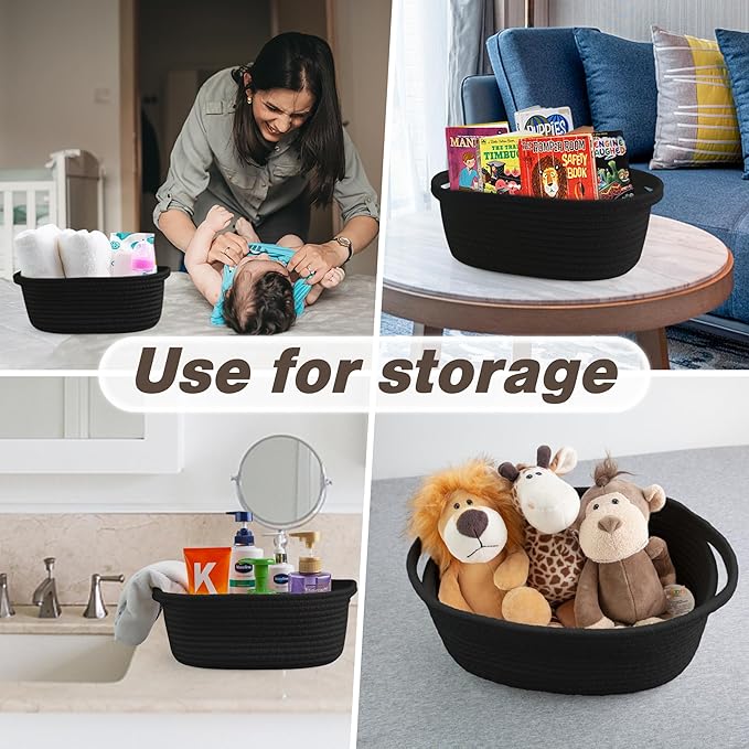 Pro Goleem Small Woven Basket with Gift Bags and Ribbons Durable Baskets for Gifts Empty Small Rope Basket for Storage 12"X 8" X 5" Baby Toy Basket with Handles, Black