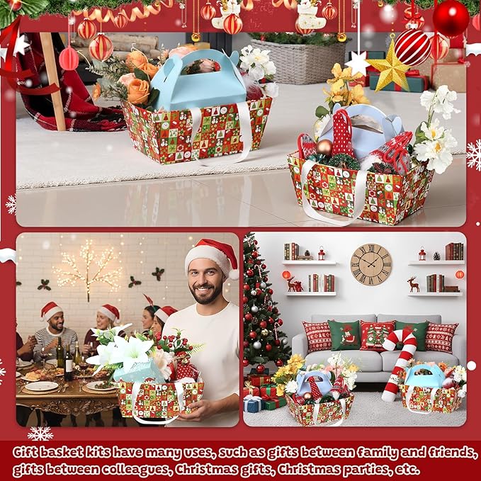 Pinkunn 48 Pcs Basket for Gifts Empty DIY Bulk Party Gift Basket Kit with Handles Market Trays for Packages Wrapping Wedding Party Anniversary Display(Red, Green,Christmas)
