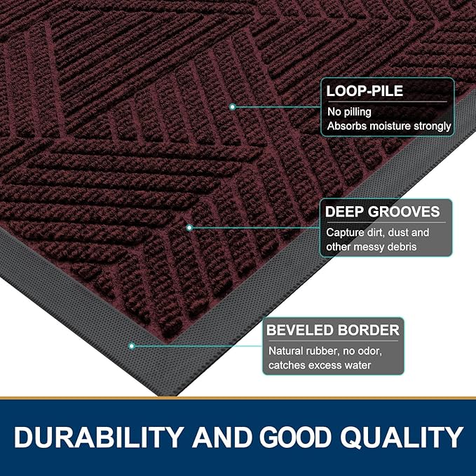 Smiry Front Door Mat Outside Entrance, Heavy Duty Sturdy Natural Rubber Doormat, Trap Dirt and Moisture, Easy Clean Low Profile Mats for Indoor Outdoor Entry, Irregular Triangle (36x24, Dark Red)