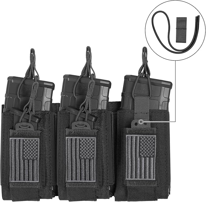 Open-Top Single/Double/Triple Molle Mag Pouch for 5.56mm M4 M16 AK AR Glock M1911 9mm Elastic Rifle Magazines Pistol Mag Pouches Holder Carrier with USA Flag Patch