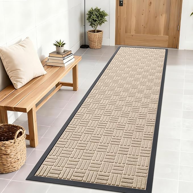 OLANLY Front Door Mat Outside Entrance 71x23, Absorbent, Heavy Duty Sturdy Natural Rubber Doormat Indoor Outdoor, Non-Slip, Stain and Fade Resistant, Low Profile Floor Mat for Entryway, Latte White